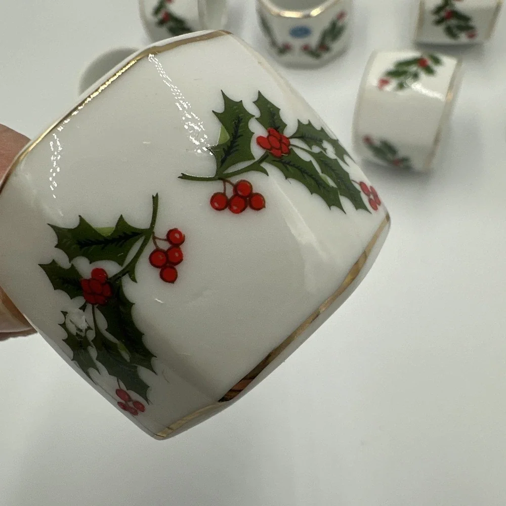 Vintage Mervyns Christmas Napkin Ring Set Fine Porcelain 7 Piece Set Holly Berry